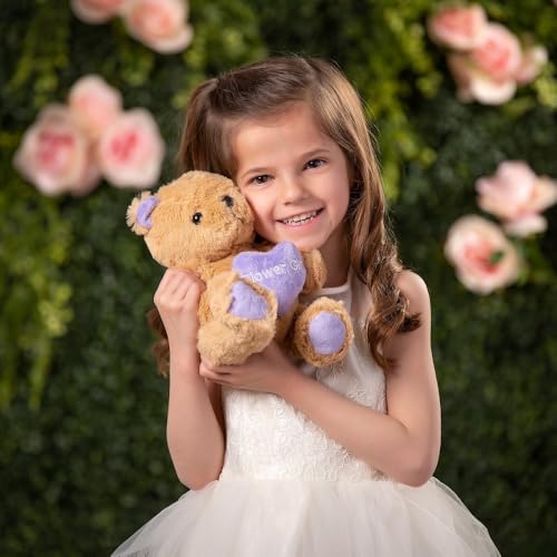 Fun Express Flower Girl Teddy Bear - 8 Inch Plush with Embroidered Purple Heart - Wedding Proposal Gift & Keepsake