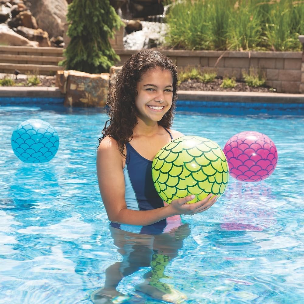 Fun Express Mermaid Beach Balls - 12 Pack, 11 Inch Inflatable Pool Toys, Assorted Colors
