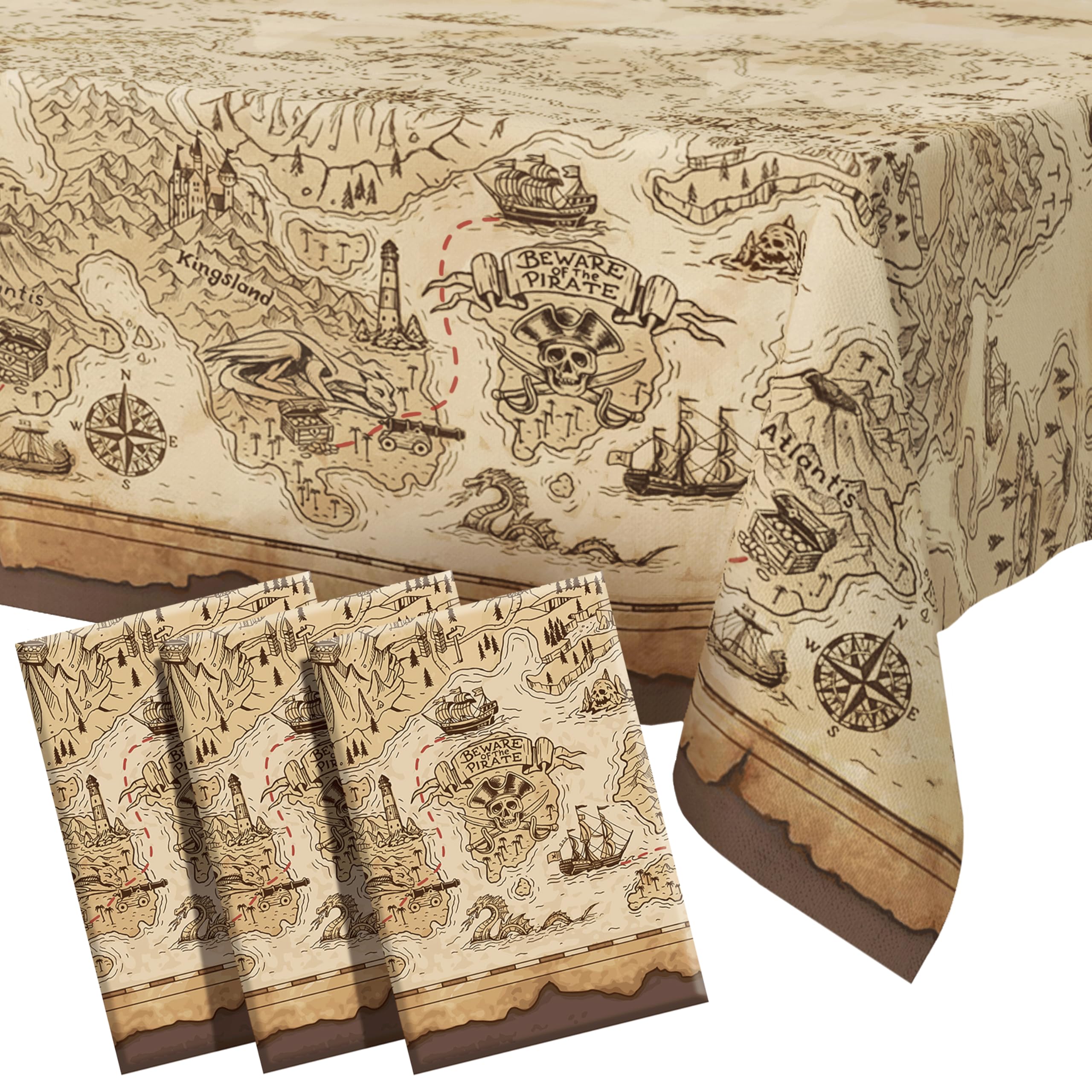 FUN RACCOON Vintage Treasure Map Plastic Tablecloths – 3-Pack Disposable Rectangle Table Covers for Pirate Themed Parties