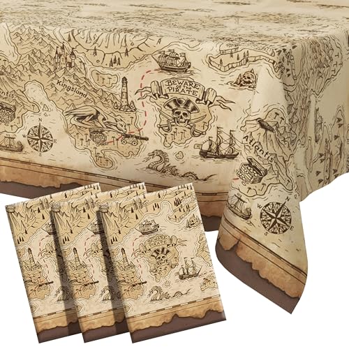 FUN RACCOON Vintage Treasure Map Plastic Tablecloths – 3-Pack Disposable Rectangle Table Covers for Pirate Themed Parties