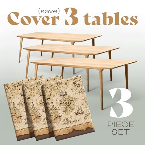FUN RACCOON Vintage Treasure Map Plastic Tablecloths – 3-Pack Disposable Rectangle Table Covers for Pirate Themed Parties