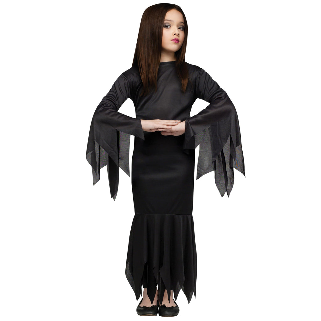 Fun World Girls Morticia Costume – Floor-Length Black Gown with Flowing Sleeves
