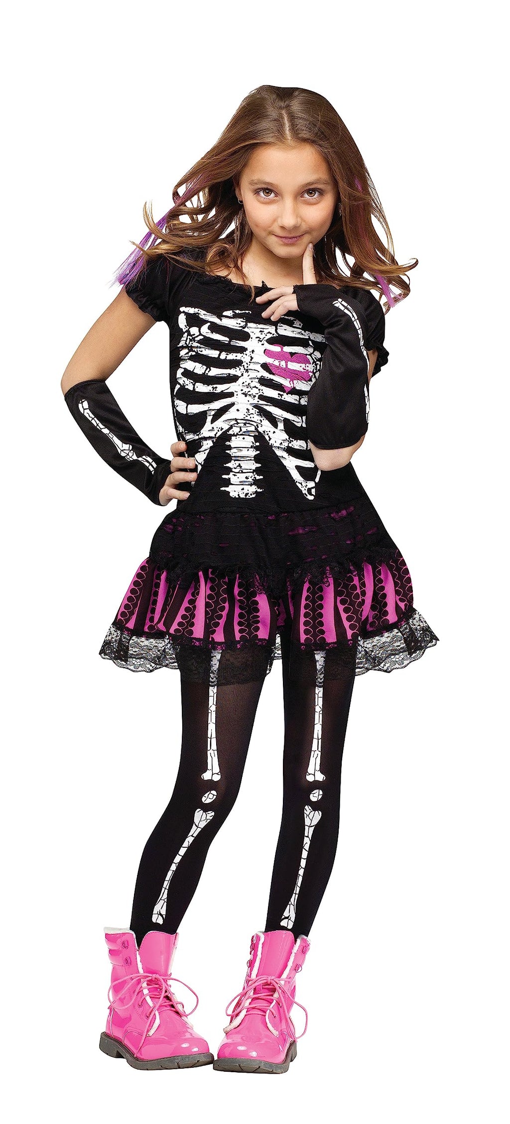 Fun World Girls Sally Skelly Skeleton Costume – Dress, Sleevelets & Tights (Size Medium 8-10)