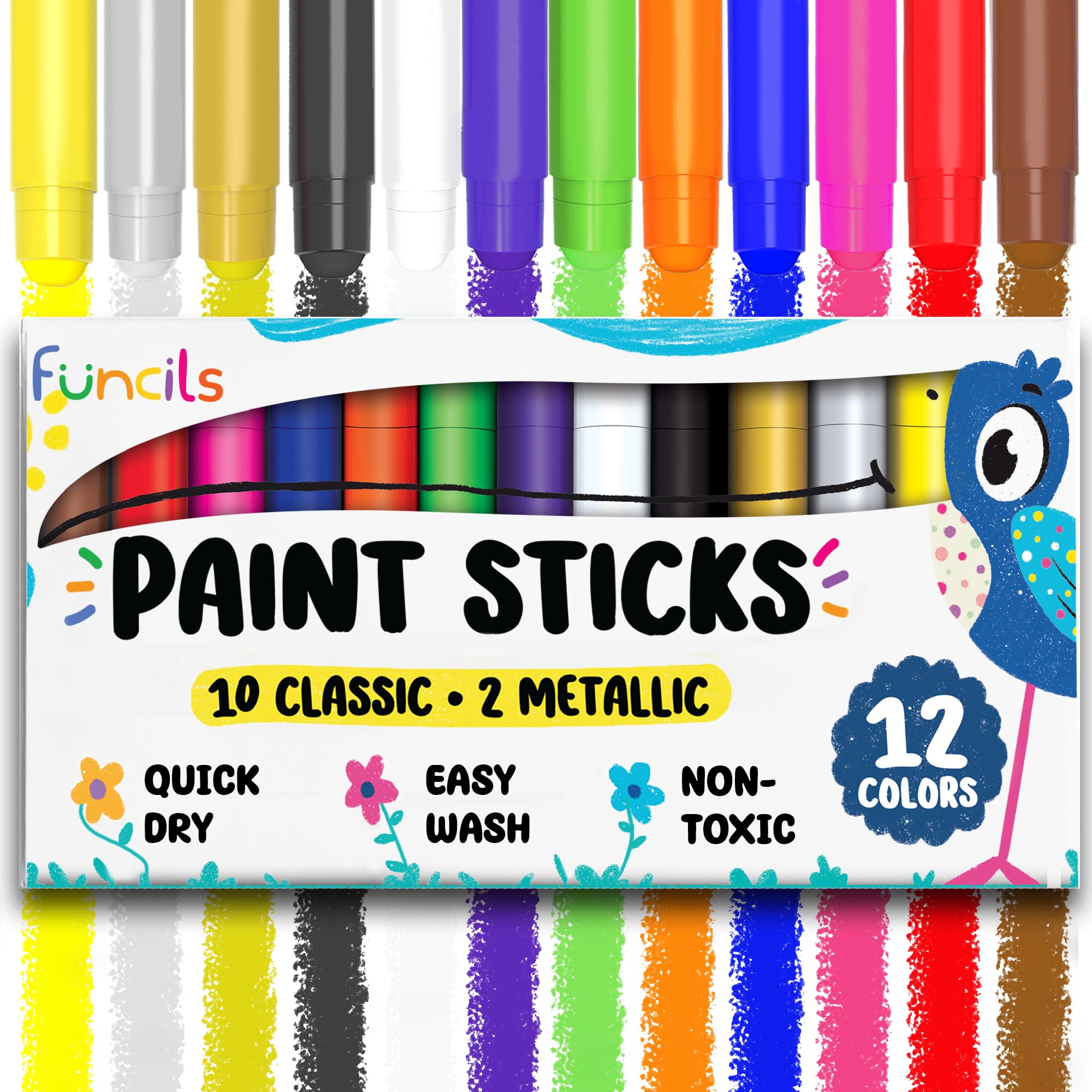 Funcils 12 Tempera Paint Sticks for Kids Ages 1-5 - Washable, Quick Dry, Non-Toxic with Metallic Gold & Silver