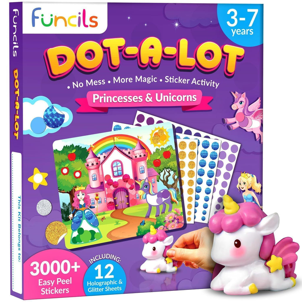 Funcils Dot Art Activity - Unicorn & Princess Sticker Kit, Mess-Free Toddler Craft, 3000+ Stickers, Ages 3-7