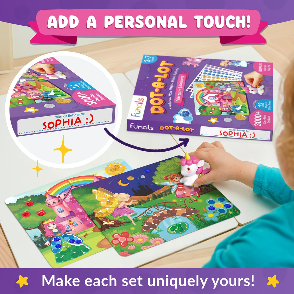 Funcils Dot Art Activity - Unicorn & Princess Sticker Kit, Mess-Free Toddler Craft, 3000+ Stickers, Ages 3-7