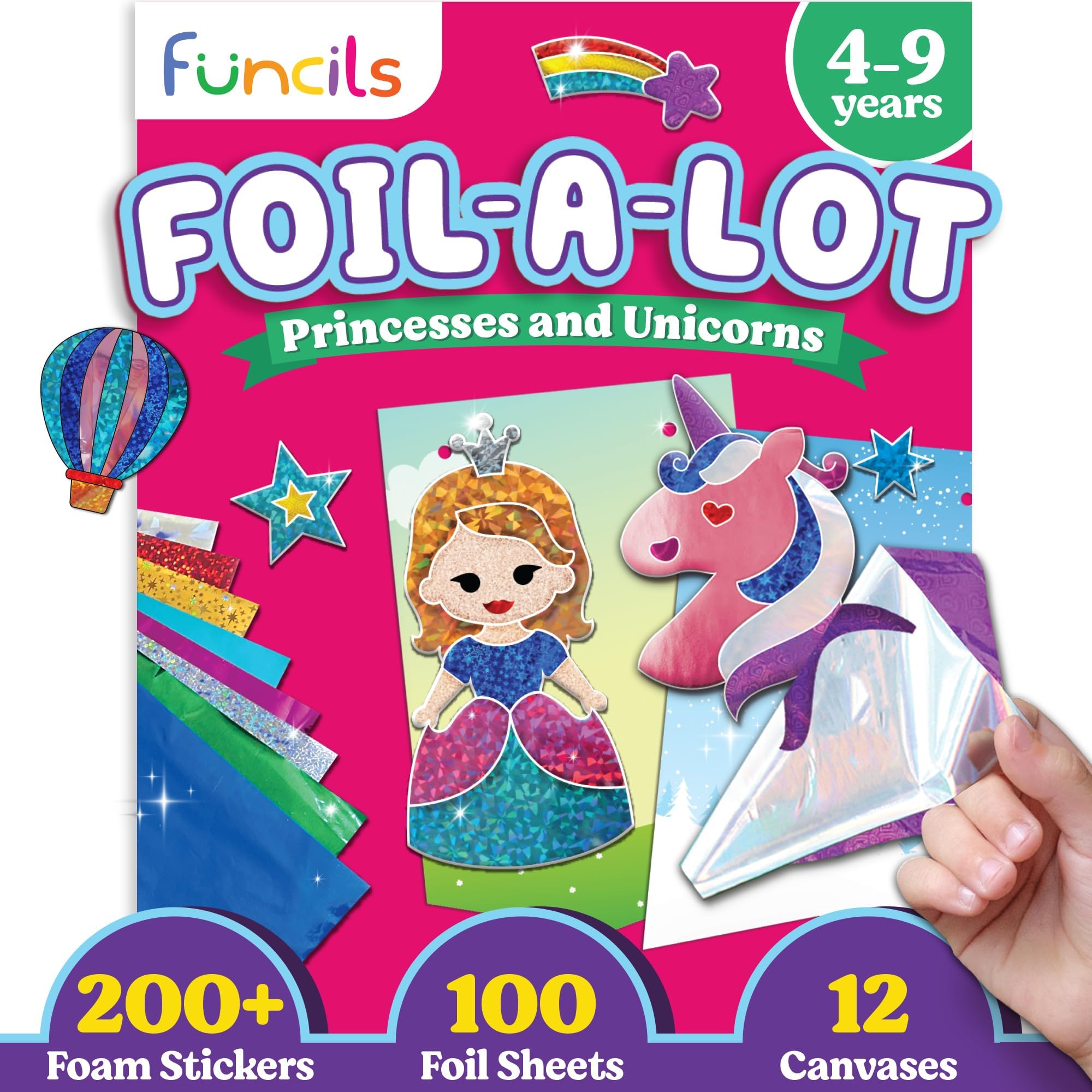 Funcils Unicorn & Princess Foil Art Craft Kit – Mess-Free Sticker Activity for Kids Ages 4-10