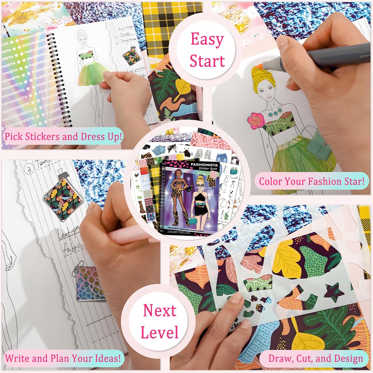 FUNCLASS Sticker Dress Up Book for Girls Ages 4-8 – Fashionista Coloring & Activity Book with 20 Pages and 4 Sticker Sheets