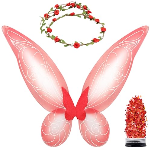 Funcredible Fairy Costume Set: Red Wings, Flower Crown & Chunky Glitter