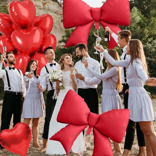 FunHot 10-Pack Red Heart & Bow Foil Balloons - 18" Hearts + 38" Bow for Wedding, Valentine's, Party Decor