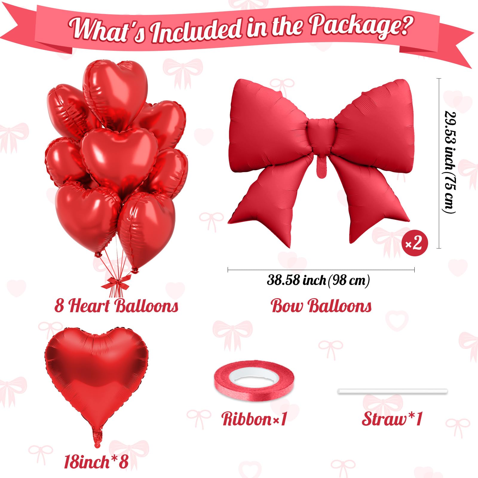 FunHot 10-Pack Red Heart & Bow Foil Balloons - 18" Hearts + 38" Bow for Wedding, Valentine's, Party Decor