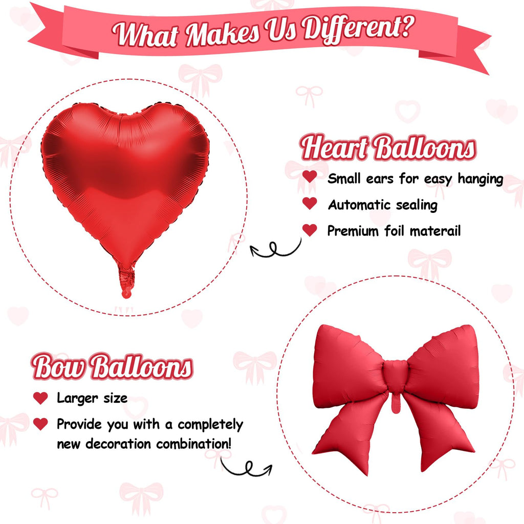 FunHot 10-Pack Red Heart & Bow Foil Balloons - 18" Hearts + 38" Bow for Wedding, Valentine's, Party Decor