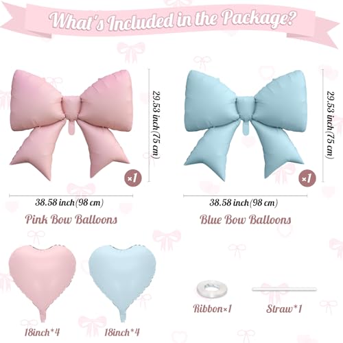 FunHot 10Pcs Pink Blue Heart & Foil Bow Balloon Set – 18 Inch Hearts & 38 Inch Bows for Party Décor