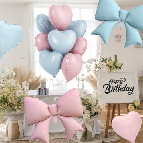 FunHot 10Pcs Pink Blue Heart & Foil Bow Balloon Set – 18 Inch Hearts & 38 Inch Bows for Party Décor