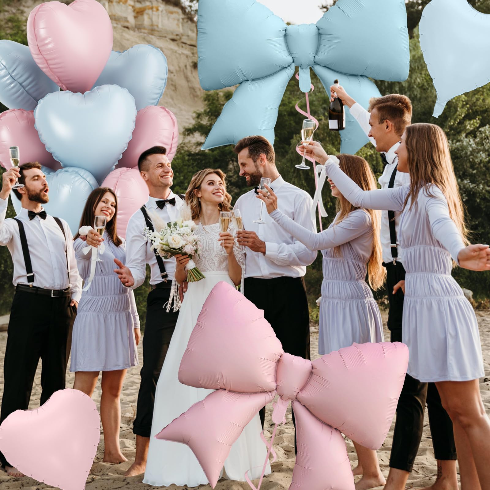 FunHot 10Pcs Pink Blue Heart & Foil Bow Balloon Set – 18 Inch Hearts & 38 Inch Bows for Party Décor