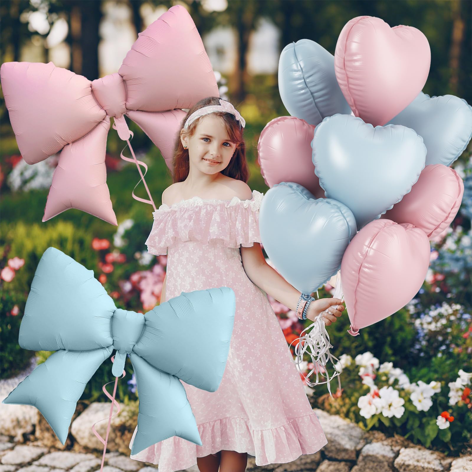 FunHot 10Pcs Pink Blue Heart & Foil Bow Balloon Set – 18 Inch Hearts & 38 Inch Bows for Party Décor