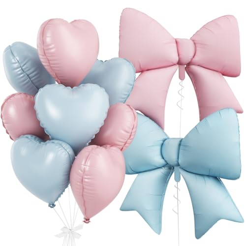 FunHot 10Pcs Pink Blue Heart & Foil Bow Balloon Set – 18 Inch Hearts & 38 Inch Bows for Party Décor