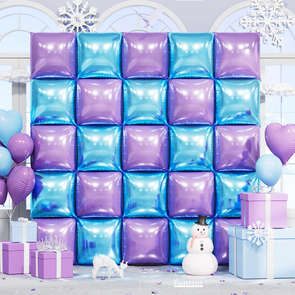 FunHot 19-Inch Blue & Purple Square Foil Balloon Wall Kit – 25 Double-Sided Chrome Balloons for Party Backdrop