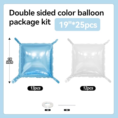 FunHot 25-Piece Pearl Blue & White Square Foil Balloon Wall Kit - 19 Inch Double Sided Chrome Balloons for Party Decor