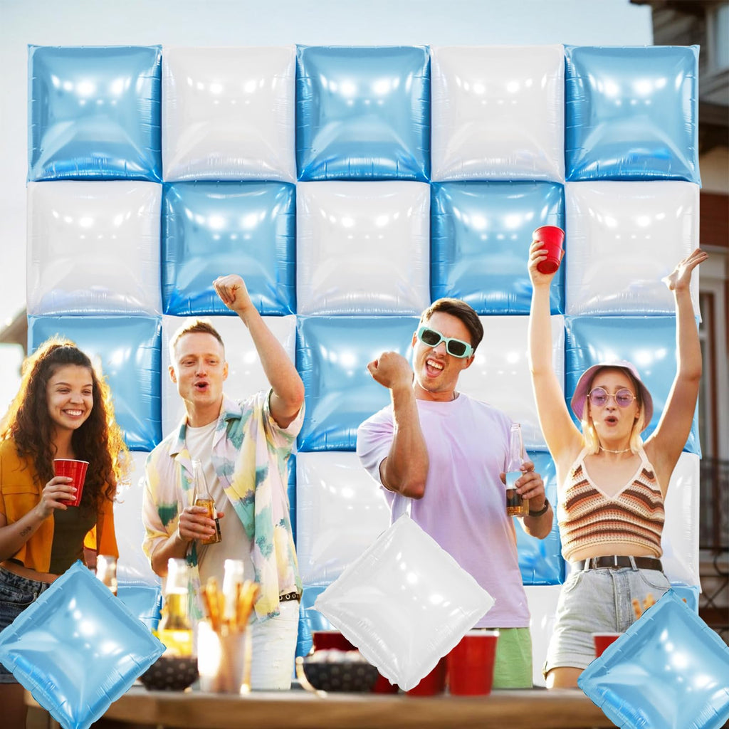 FunHot 25-Piece Pearl Blue & White Square Foil Balloon Wall Kit - 19 Inch Double Sided Chrome Balloons for Party Decor