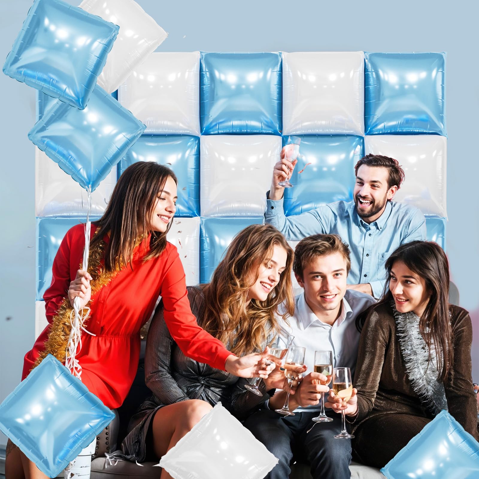 FunHot 25-Piece Pearl Blue & White Square Foil Balloon Wall Kit - 19 Inch Double Sided Chrome Balloons for Party Decor