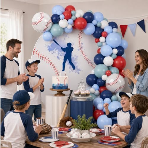 FunHot Baseball Balloon Arch Garland Kit – Navy Blue, Red & White Balloons for Sports Themed Parties
