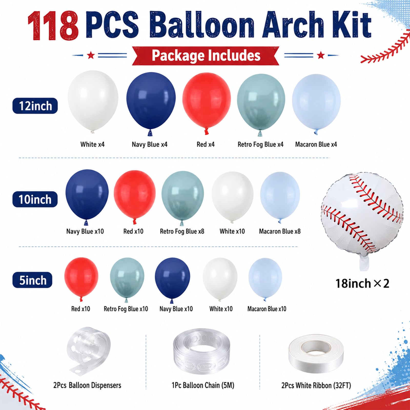 FunHot Baseball Balloon Arch Garland Kit – Navy Blue, Red & White Balloons for Sports Themed Parties