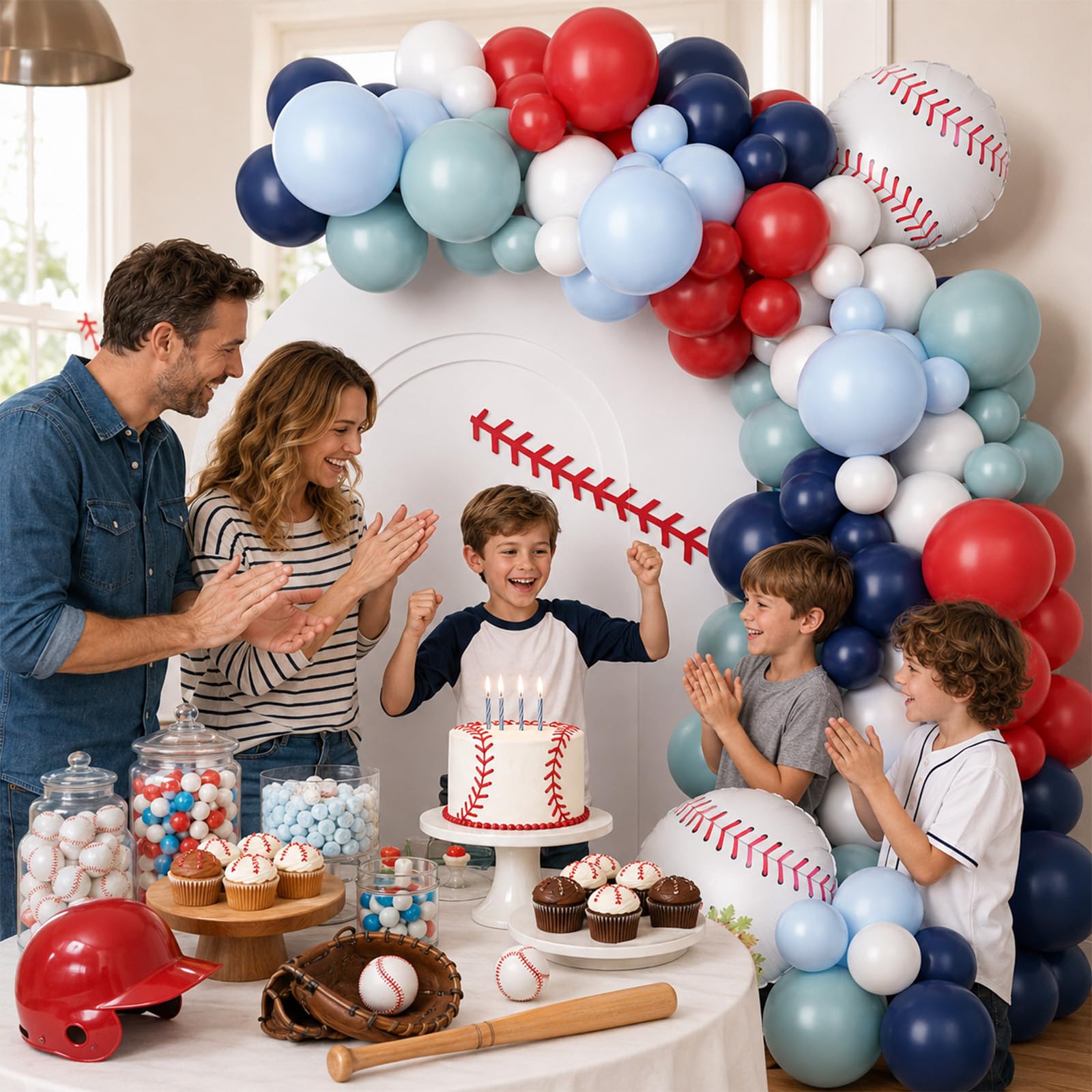 FunHot Baseball Balloon Arch Garland Kit – Navy Blue, Red & White Balloons for Sports Themed Parties