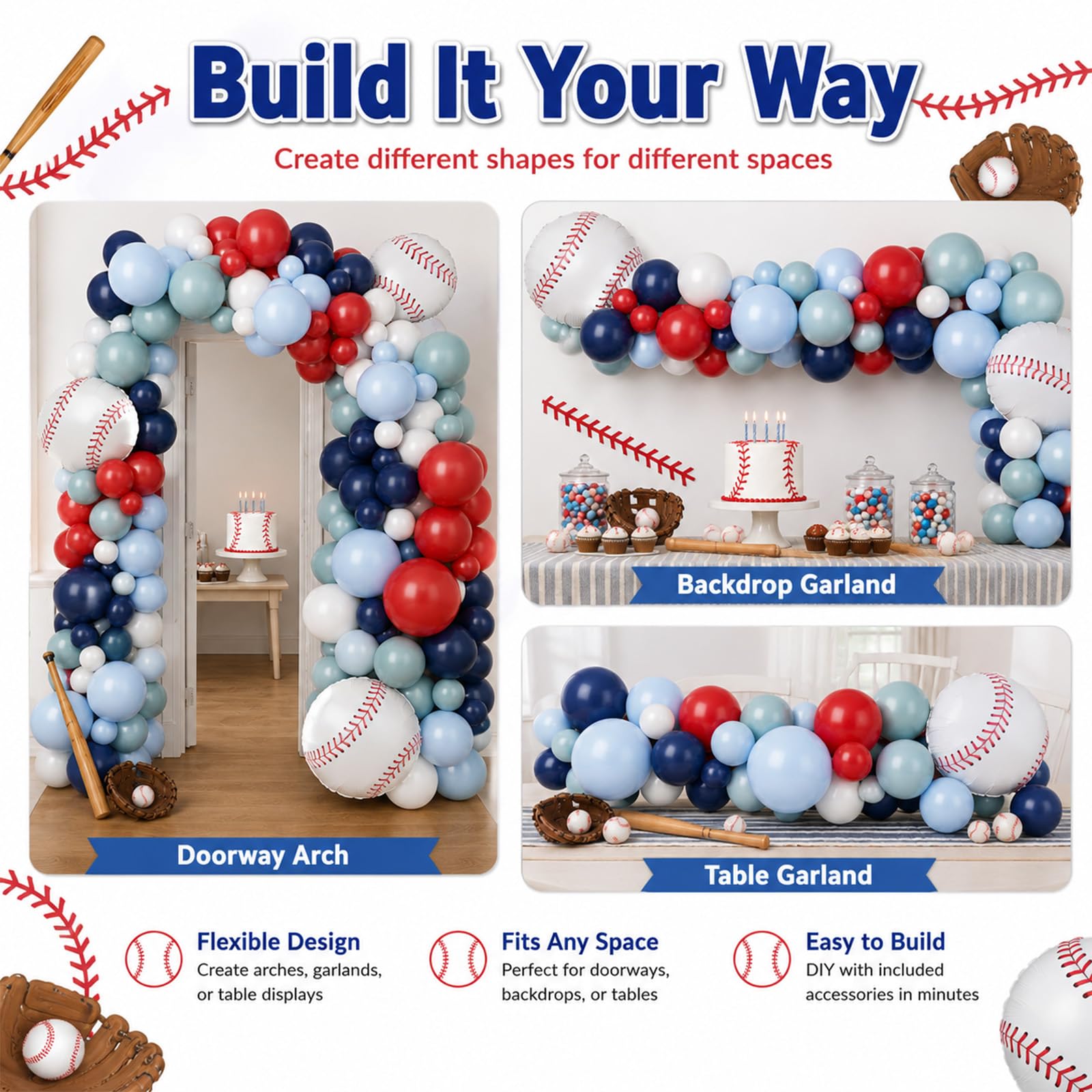 FunHot Baseball Balloon Arch Garland Kit – Navy Blue, Red & White Balloons for Sports Themed Parties