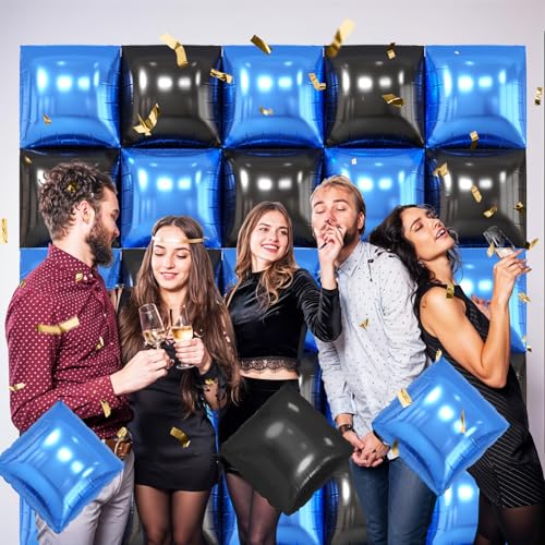 FunHot Metallic Blue and Black 19-Inch Square Foil Balloon Wall Kit - 25 Double Sided Chrome Balloons for Party Decor