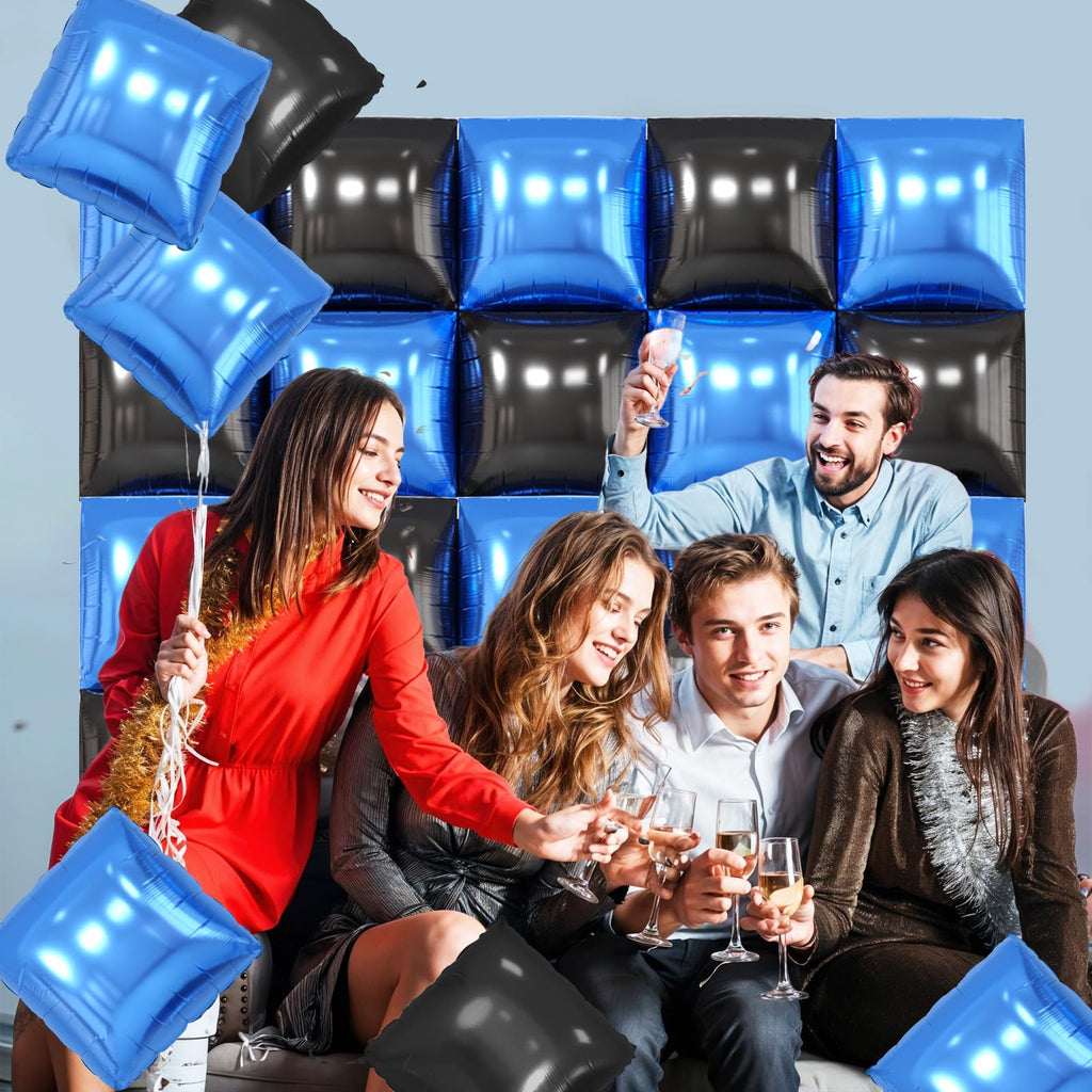 FunHot Metallic Blue and Black 19-Inch Square Foil Balloon Wall Kit - 25 Double Sided Chrome Balloons for Party Decor