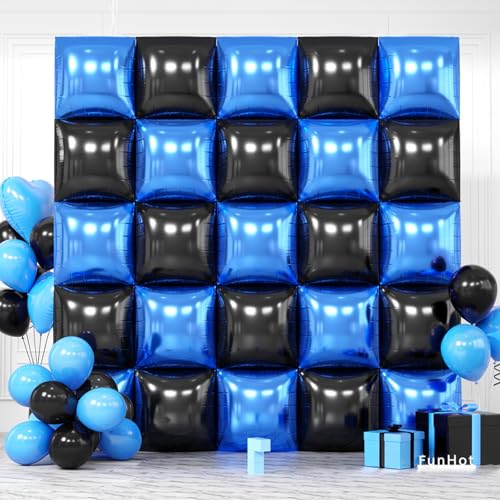 FunHot Metallic Blue and Black 19-Inch Square Foil Balloon Wall Kit - 25 Double Sided Chrome Balloons for Party Decor
