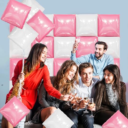 FunHot Pearl Pink and White Square Foil Balloon Wall Kit – 25 Double-Sided Chrome Balloons for Party Decor