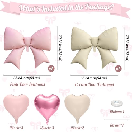 FunHot Pink Cream Heart & Bow Balloon Set - 10 Foil Balloons, 18 Inch Hearts + 38 Inch Bows for Birthday Wedding Baby Shower Decor