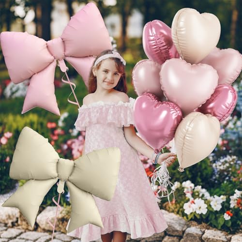 FunHot Pink Cream Heart & Bow Balloon Set - 10 Foil Balloons, 18 Inch Hearts + 38 Inch Bows for Birthday Wedding Baby Shower Decor
