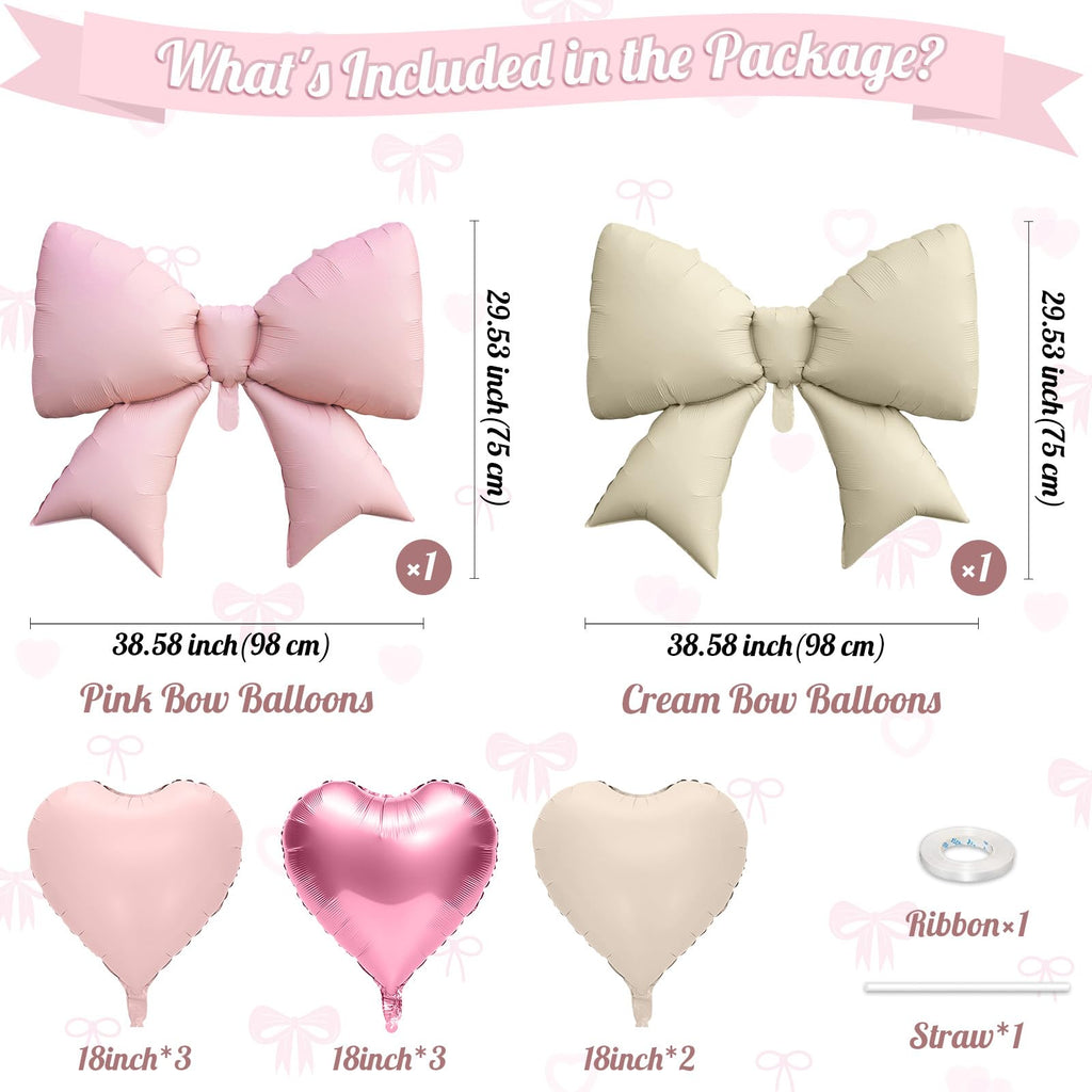 FunHot Pink Cream Heart & Bow Balloon Set - 10 Foil Balloons, 18 Inch Hearts + 38 Inch Bows for Birthday Wedding Baby Shower Decor
