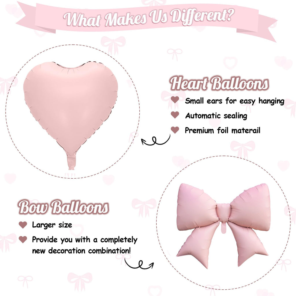 FunHot Pink Cream Heart & Bow Balloon Set - 10 Foil Balloons, 18 Inch Hearts + 38 Inch Bows for Birthday Wedding Baby Shower Decor