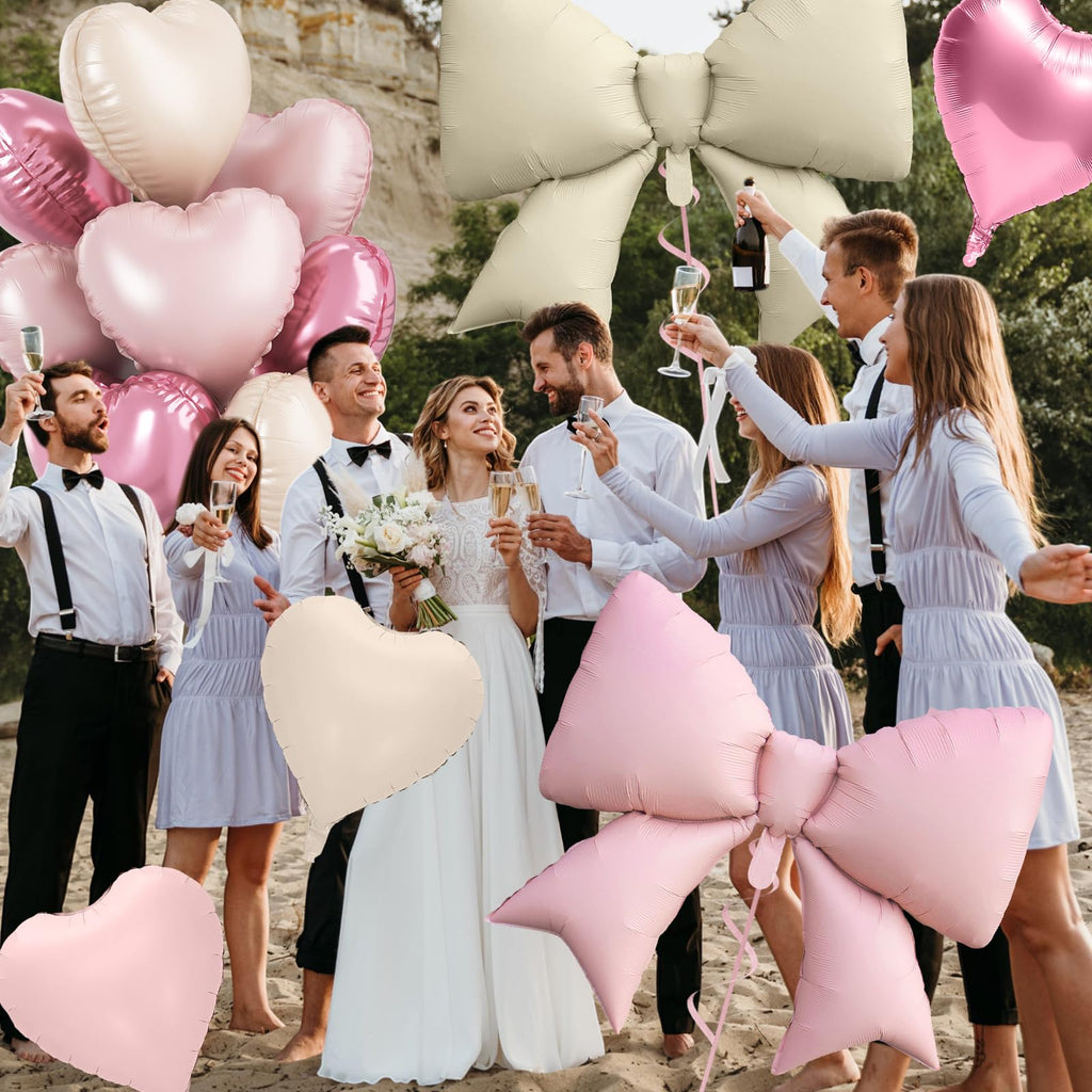 FunHot Pink Cream Heart & Bow Balloon Set - 10 Foil Balloons, 18 Inch Hearts + 38 Inch Bows for Birthday Wedding Baby Shower Decor
