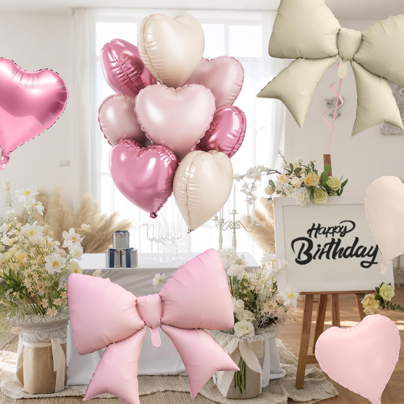 FunHot Pink Cream Heart & Bow Balloon Set - 10 Foil Balloons, 18 Inch Hearts + 38 Inch Bows for Birthday Wedding Baby Shower Decor