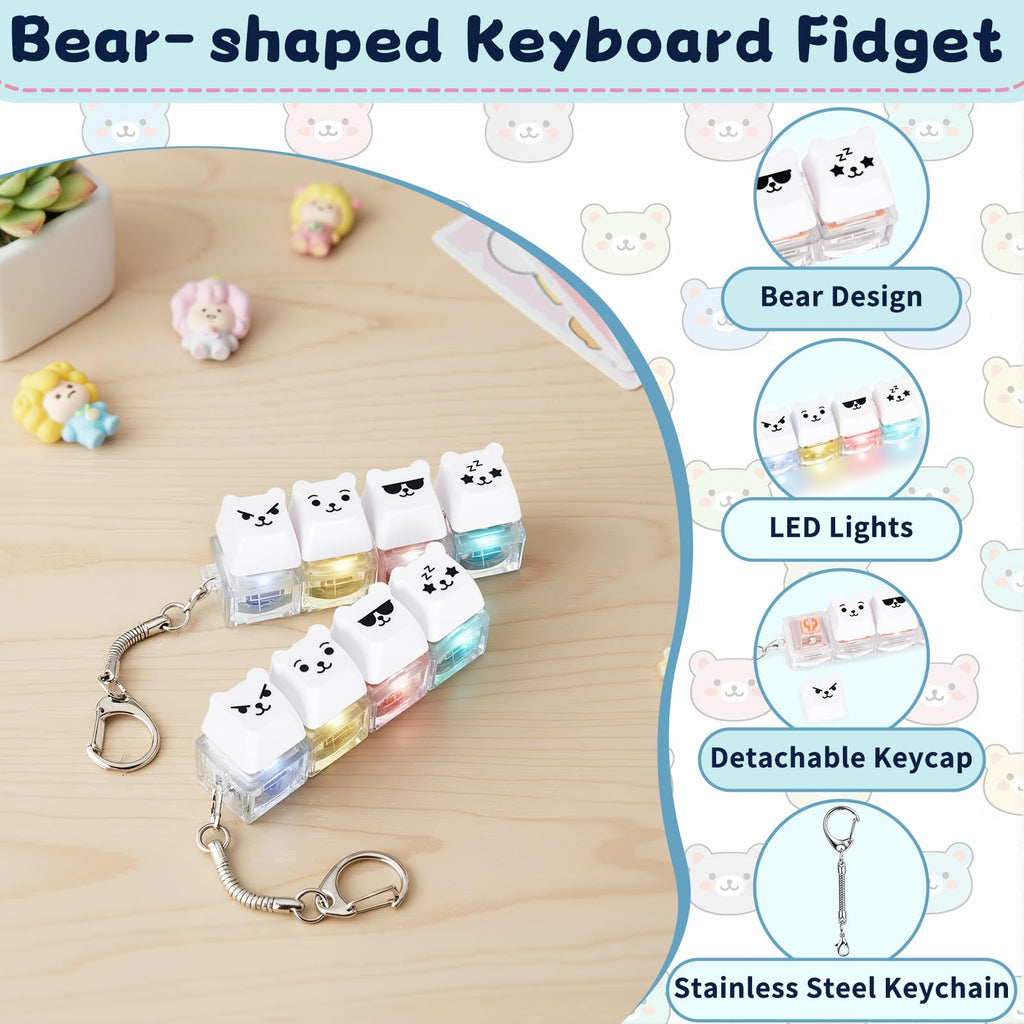 FunisFun 2 Pack Bear Keyboard Fidget Keychain - Silent & Clicky Modes with LED Lights