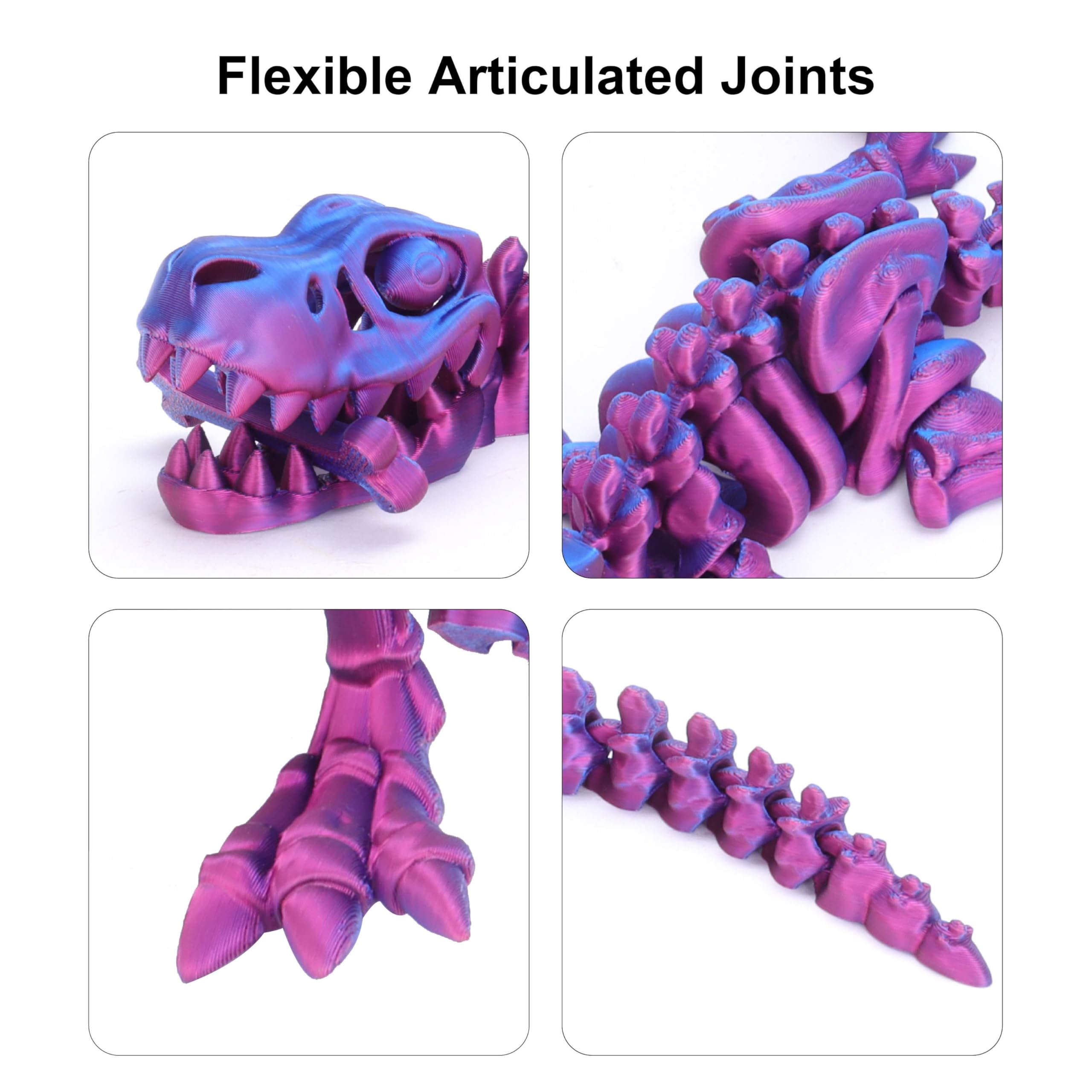 FunisFun 3D Printed Articulated Dragon T-Rex Fidget Toy - Blue-Purple, with Bone, Desk Decor for Stress Relief