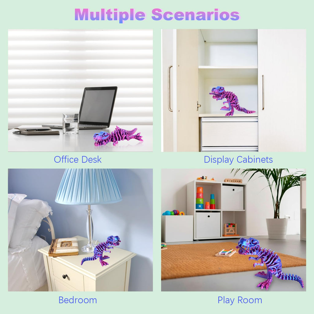 FunisFun 3D Printed Articulated Dragon T-Rex Fidget Toy - Blue-Purple, with Bone, Desk Decor for Stress Relief