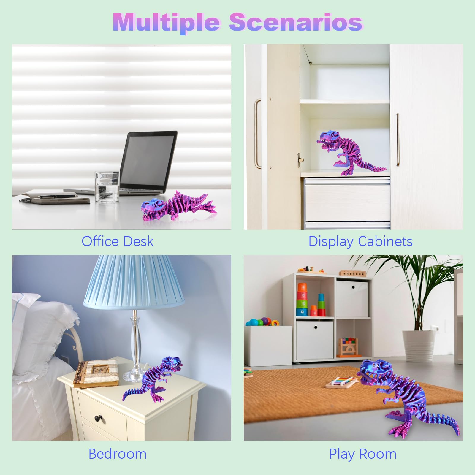 FunisFun 3D Printed Articulated Dragon T-Rex Fidget Toy - Blue-Purple, with Bone, Desk Decor for Stress Relief