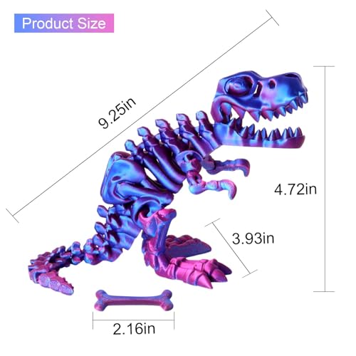 FunisFun 3D Printed Articulated Dragon T-Rex Fidget Toy - Blue-Purple, with Bone, Desk Decor for Stress Relief