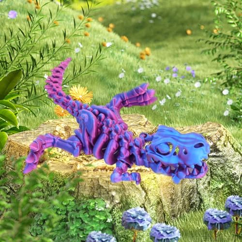 FunisFun 3D Printed Articulated Dragon T-Rex Fidget Toy - Blue-Purple, with Bone, Desk Decor for Stress Relief