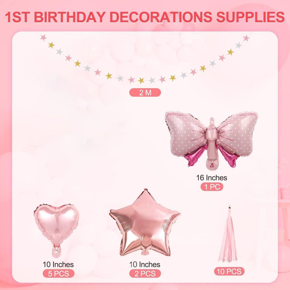 Funmilies Baby Girl First Birthday Decorations - Pink Balloon Arch Kit with Number 1 Crown, Rose Gold, and Happy Birthday Banner