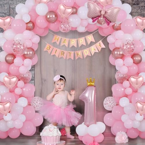 Funmilies Baby Girl First Birthday Decorations - Pink Balloon Arch Kit with Number 1 Crown, Rose Gold, and Happy Birthday Banner