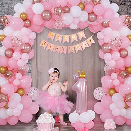 Funmilies Pink Balloon Arch Kit for First Birthday Girl – 16.6ft Banner, 36in Number 1 Crown Balloon with Rose Gold Confetti