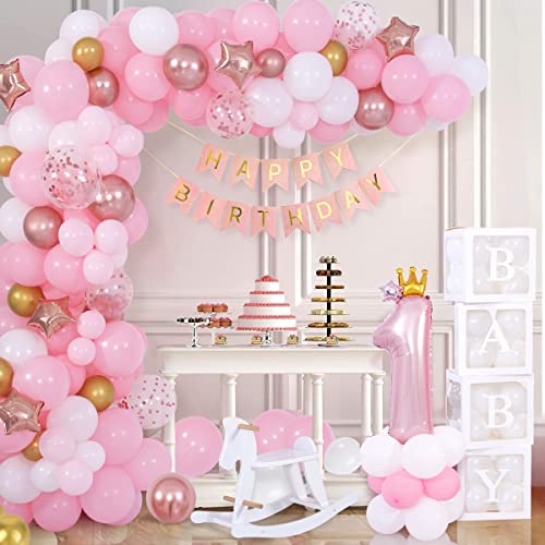 Funmilies Pink Balloon Arch Kit for First Birthday Girl – 16.6ft Banner, 36in Number 1 Crown Balloon with Rose Gold Confetti