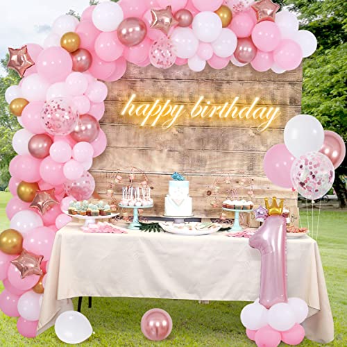 Funmilies Pink Balloon Arch Kit for First Birthday Girl – 16.6ft Banner, 36in Number 1 Crown Balloon with Rose Gold Confetti